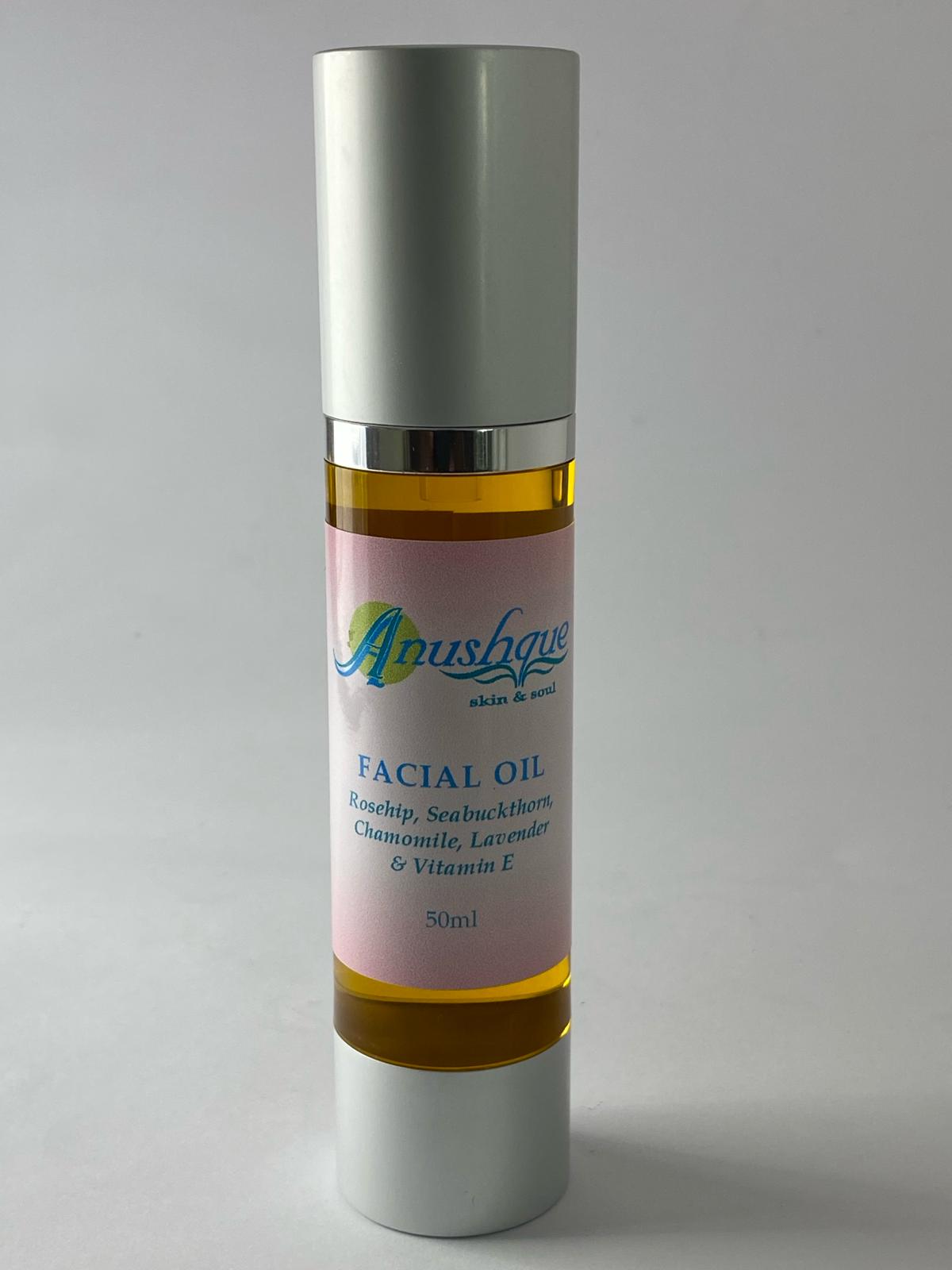 50ml pump bottle of face oil enriched with rosehip, seabuckthorn, chamomile, lavender, and vitamin E for rejuvenating skincare.